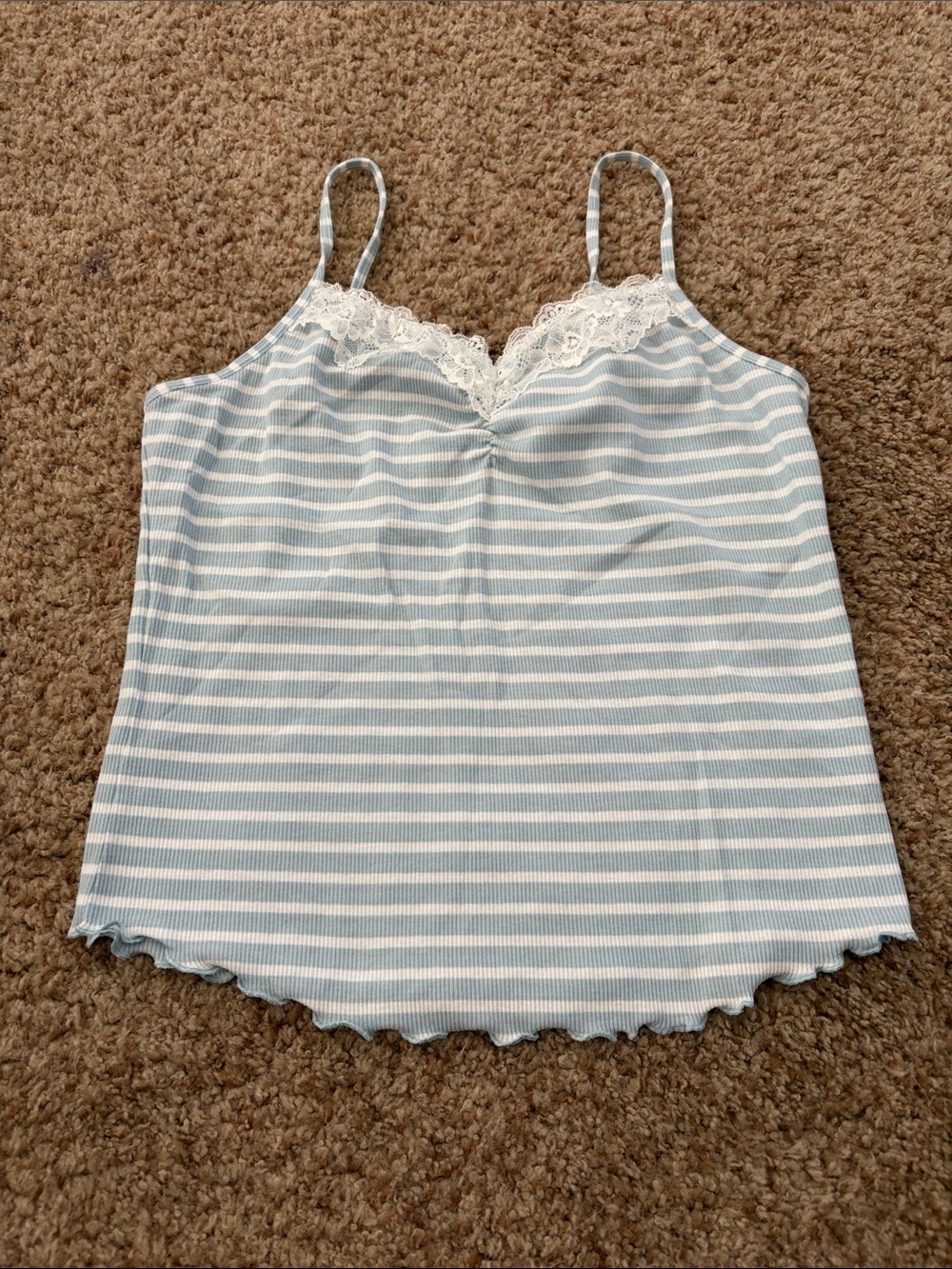 American Eagle Striped Lace Trim Cami Tank in Light Blue and White